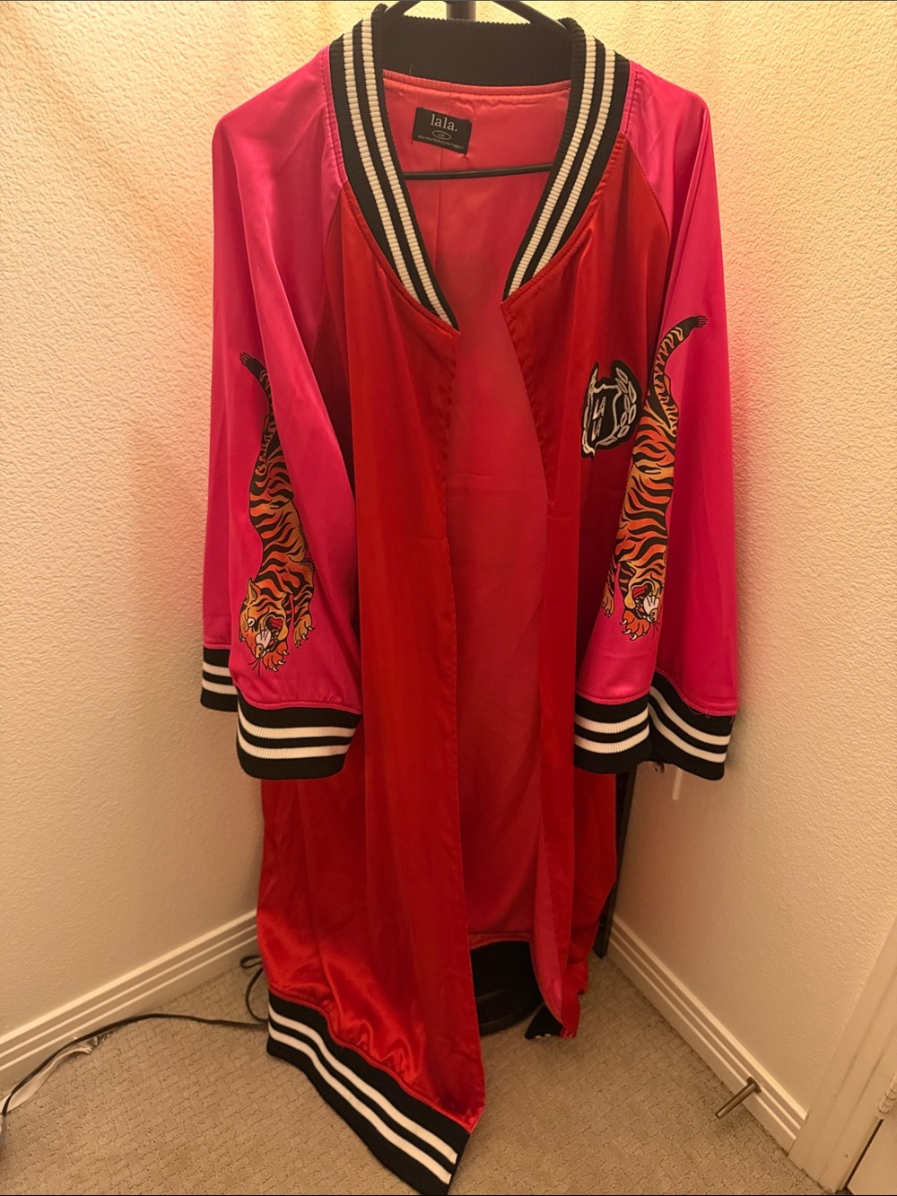 Dressed in LALA Red & Pink Satin Tiger Varsity Coat